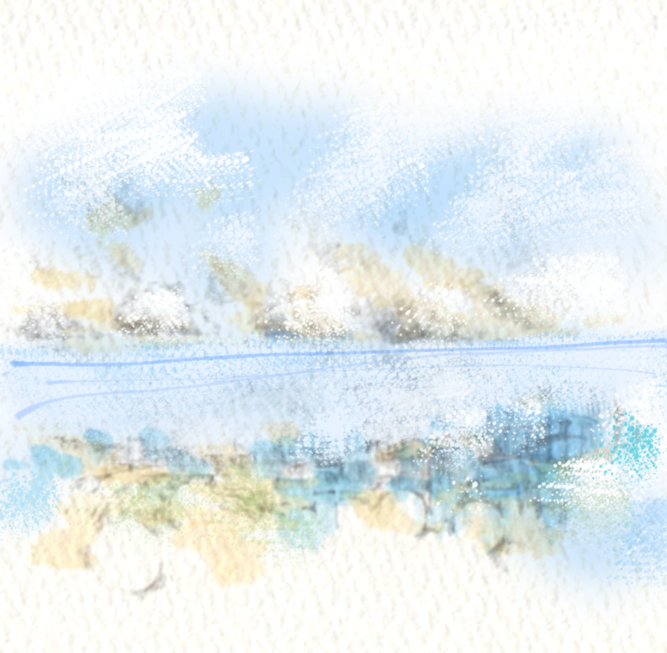 マーカーとシャーペンを使い、水色の空と複数の浮雲のある風景をイメージして描きました。