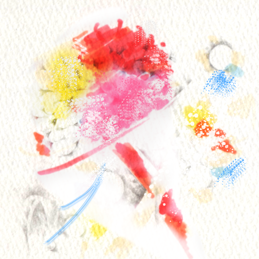 マーカーとシャーペンを使い、プンムルの衣装の赤と白と黄色の花束のような帽子をイメージして描いた抽象イラストです。