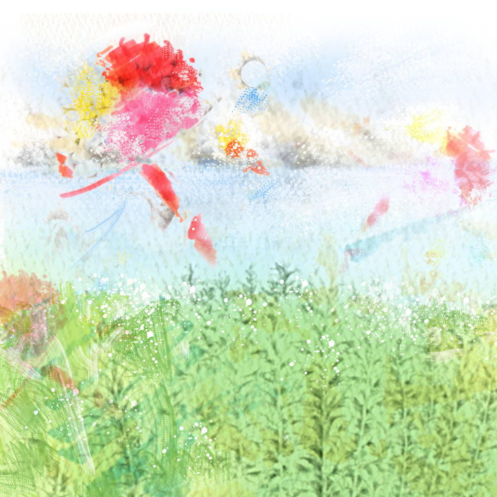 これまでの3つのイラストを一つの画面に合成した抽象イラストのコラージュです。